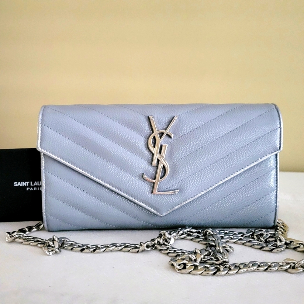 YSL Saint Laurent Gray Quilted Leather Wallet W Chain Crossbody